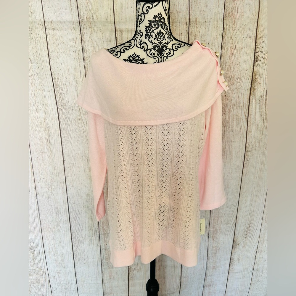 Studio Works Women’s Light Pink Blush Cowl Neck Perl Buttons Sweater Size L NWT